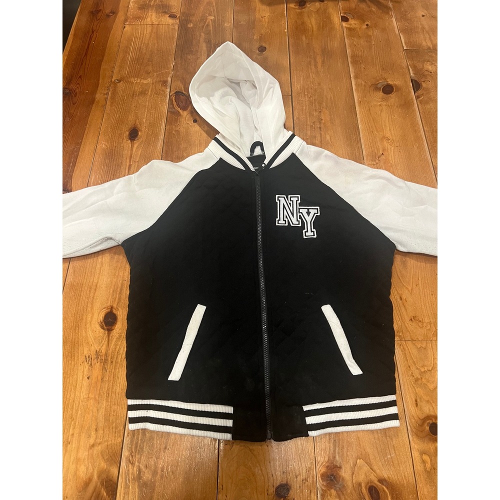 Joe Boxer Mens Varsity Zip Up Hoodie Black White NY Patch Quilted Jacket Large